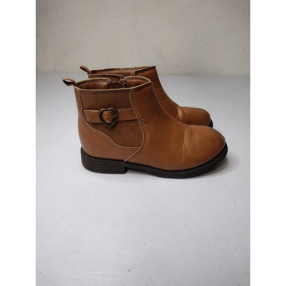 Carters Girls Cognac Brown Faux Leather Heart Buckle Ankle Boots Size 12 Kids
